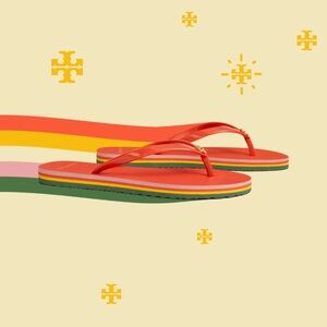 Tory Burch Minnie Color Block Flip Flop Sandals Gold Logo Red Orange Yellow 10